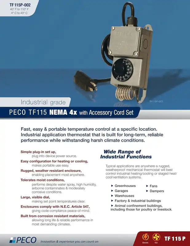 PECO TF115P-002 Industrial Temperature Controller W/Power Cord Range 40-110F Nema 4X Professional Grade