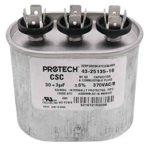 Genuine Rheem-Ruud 43-25135-16 30/3MFD 370V Oval Run Capacitor