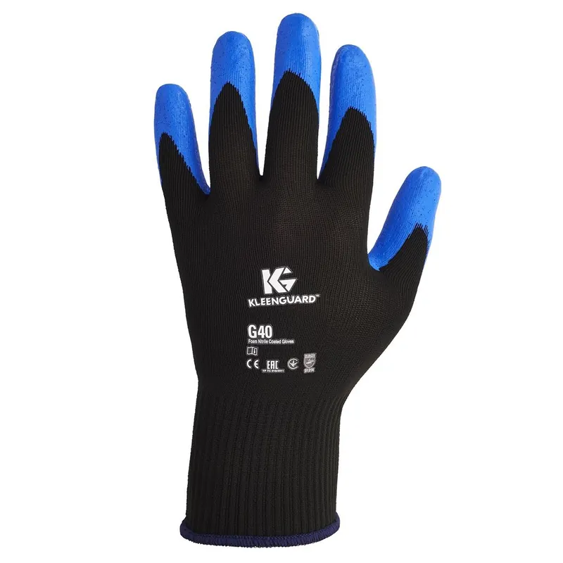 One Day Deal KleenGuard 40226 (formerly Jackson Safety) G40 Foam Nitrile Coated Gloves () - Medium - Abrasion Resistant Black & Blue Nitrile Grip Glove - 12 Pairs / Bag