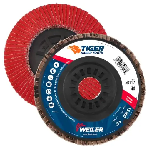 Free Returns Weiler 50117 Saber Tooth Ceramic Flap Disc Angled 40 Grit 4-1/2 inches 7/8 Arbor Hole