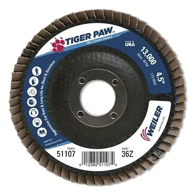Weiler 51107 Tiger Paw Coated Abrasive Flap Disc 4-1/2 in 36 Grit 7/8 Arbor Trending