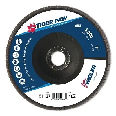 Low Price Weiler 51137 Tiger Paw Coated Abrasive Flap Discs 7 Inch 40 Grit 7/8 Arbor Phenolic Back