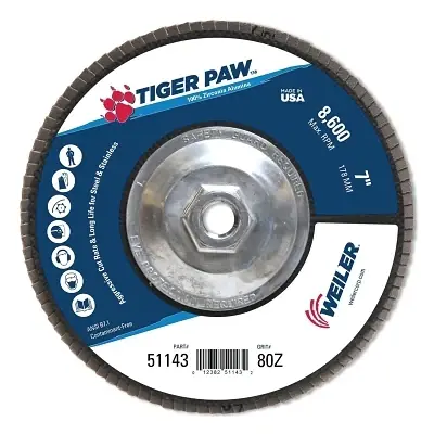 Weiler 51143 Tiger Paw Abrasive Flap Disc 7 80 Grit 5/8 Arbor Phenolic Back Genuine