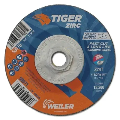 Weiler 58070 Tiger Zirc Grinding Wheel, 4-1/2 in dia x 1/4 in Thick x 5/8 in-11 UNC Arbor, Ceramic/Zirconia Alumina Limited Offer