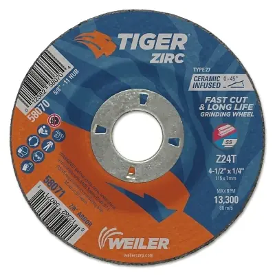 Certified Weiler 58071 Tiger Zirc Grinding Wheel 4-1/2 inches 1/4 inches Thick 7/8 inches Arbor Ceramic Alumina Type 27 Z24T