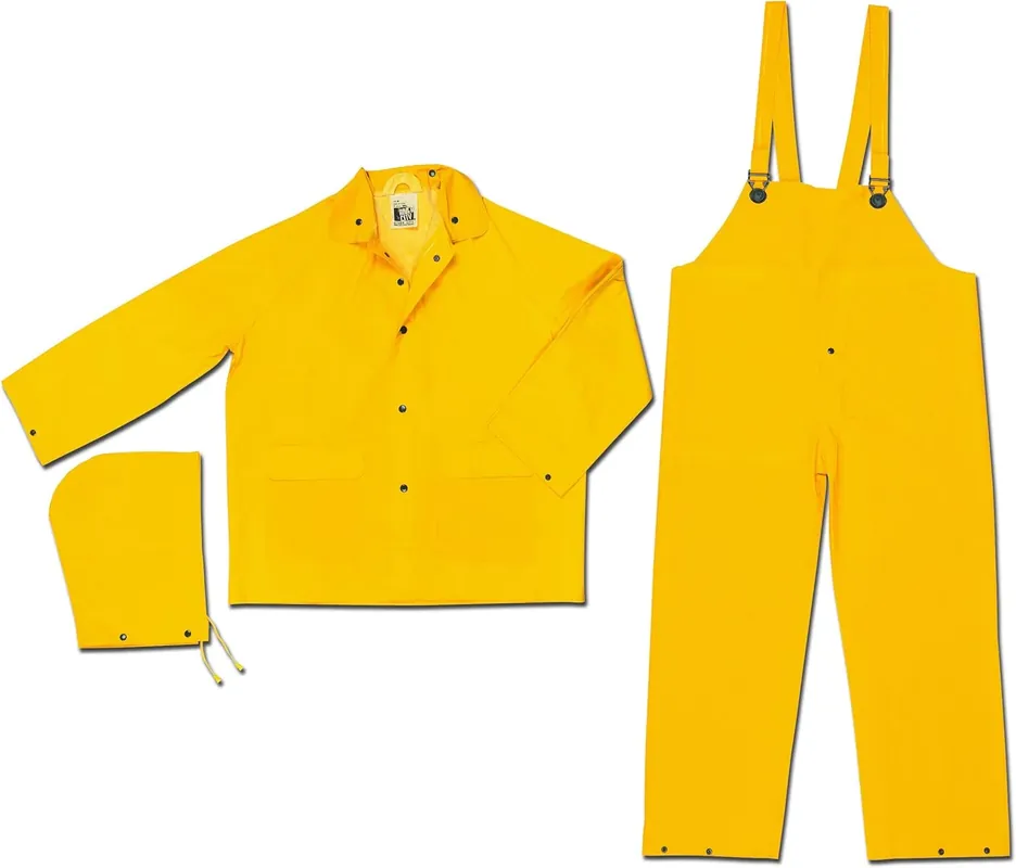 MCR Safety 2303L Classic Industry Standard PVC/Polyester 3-Piece Suit Detachable Hood Bibpants Yellow Large Order Now